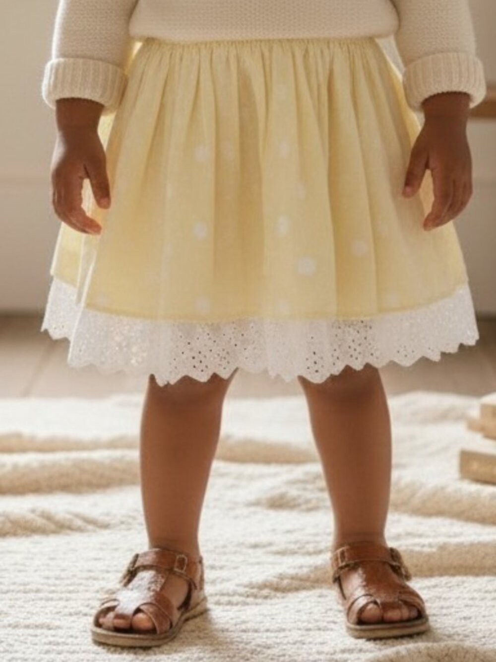 Vintage 2T Cotton Skirt Yellow Polkadot White Eyelet Scalloped Hem Twirly NEW